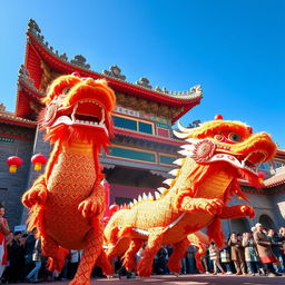 A beautiful scene featuring a traditional Chinese dragon dance performance in front of a grand, ornate temple