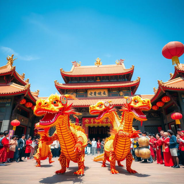 A beautiful scene featuring a traditional Chinese dragon dance performance in front of a grand, ornate temple