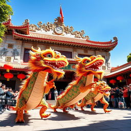 A beautiful scene featuring a traditional Chinese dragon dance performance in front of a grand, ornate temple
