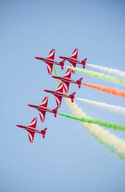 A stunning representation of the Suryakiran Aerobatic Team in action, showcasing the beautiful red and white aircraft flying in a tight formation against a clear blue sky