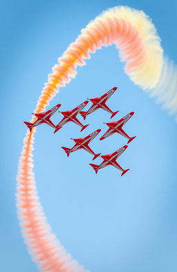 A stunning representation of the Suryakiran Aerobatic Team in action, showcasing the beautiful red and white aircraft flying in a tight formation against a clear blue sky