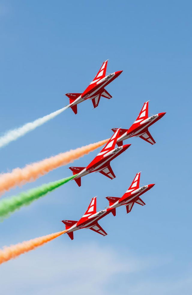 A stunning representation of the Suryakiran Aerobatic Team in action, showcasing the beautiful red and white aircraft flying in a tight formation against a clear blue sky