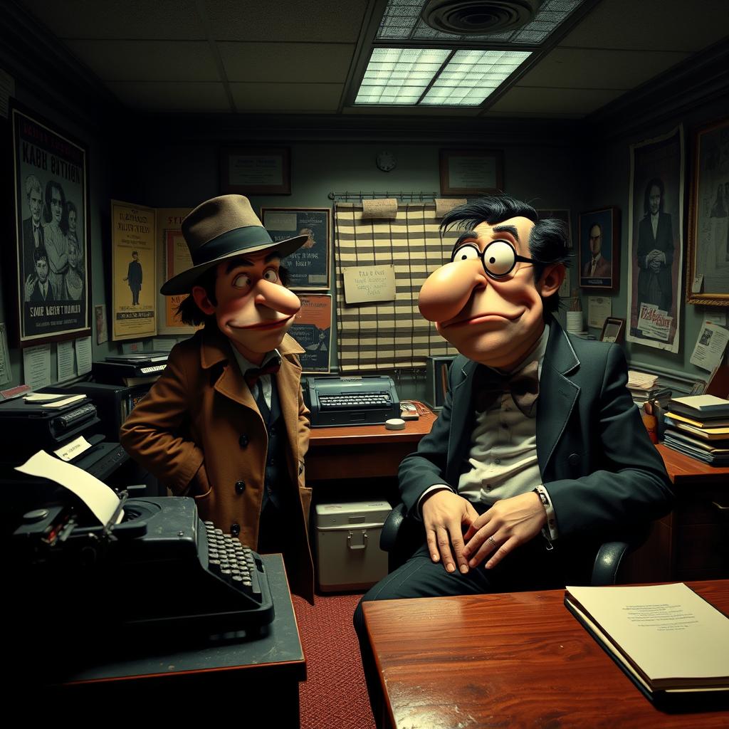 A noir-style office scene inspired by Monty Python, featuring exaggerated characters with bold, dramatic expressions, deep shadows, and high contrast lighting