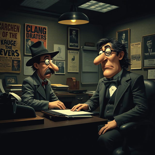 A noir-style office scene inspired by Monty Python, featuring exaggerated characters with bold, dramatic expressions, deep shadows, and high contrast lighting