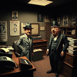 A noir-style office scene inspired by Monty Python, featuring exaggerated characters with bold, dramatic expressions, deep shadows, and high contrast lighting