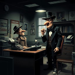 A noir-style office scene inspired by Monty Python, featuring exaggerated characters with bold, dramatic expressions, deep shadows, and high contrast lighting