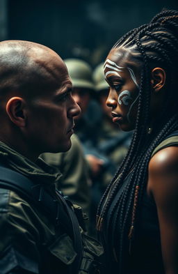 A dramatic scene featuring a group of elite soldiers, predominantly in military gear, with one notable white soldier at the forefront, his expression focused and intense