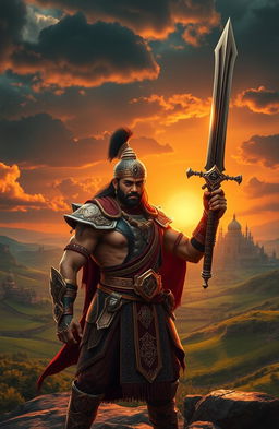 A heroic warrior king named Arjun, clad in ornate armor adorned with intricate designs, standing tall with a majestic sword raised high against a dramatic sunset backdrop