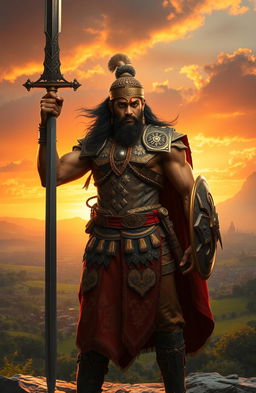 A heroic warrior king named Arjun, clad in ornate armor adorned with intricate designs, standing tall with a majestic sword raised high against a dramatic sunset backdrop