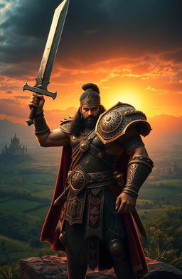 A heroic warrior king named Arjun, clad in ornate armor adorned with intricate designs, standing tall with a majestic sword raised high against a dramatic sunset backdrop