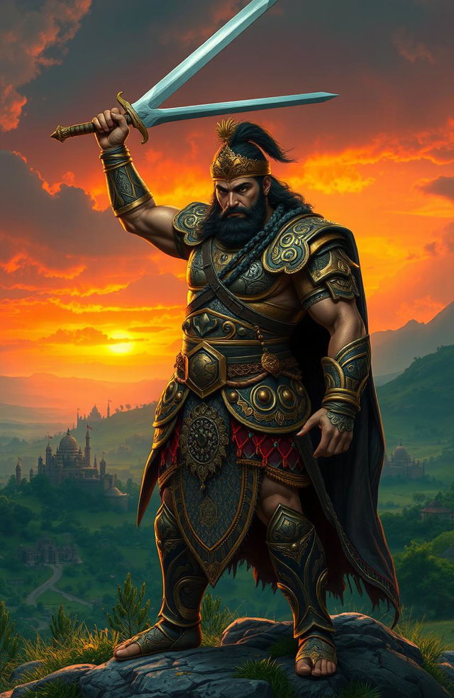 A heroic warrior king named Arjun, clad in ornate armor adorned with intricate designs, standing tall with a majestic sword raised high against a dramatic sunset backdrop