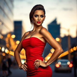 A stunning, confident woman with a bold personality, wearing a fitted red dress paired with high heels, standing on a city street at dusk