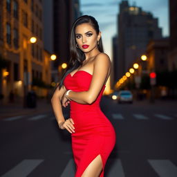 A stunning, confident woman with a bold personality, wearing a fitted red dress paired with high heels, standing on a city street at dusk