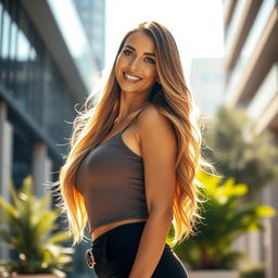 A confident beauty radiating elegance and poise, standing tall in a sunlit urban environment