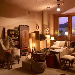 A room filled with various pieces of furniture and decor, featuring a cozy atmosphere with warm lighting