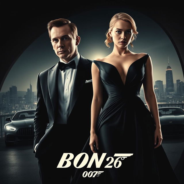 A captivating movie teaser poster for 'Bond 26', featuring Henry Cavill and Margot Robbie as the lead characters