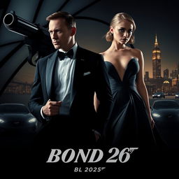 A captivating movie teaser poster for 'Bond 26', featuring Henry Cavill and Margot Robbie as the lead characters