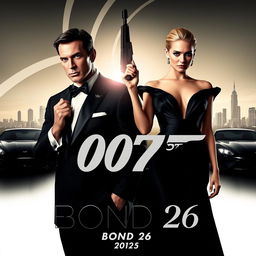A captivating movie teaser poster for 'Bond 26', featuring Henry Cavill and Margot Robbie as the lead characters