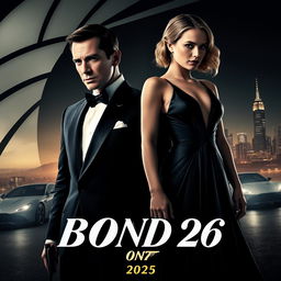 A captivating movie teaser poster for 'Bond 26', featuring Henry Cavill and Margot Robbie as the lead characters