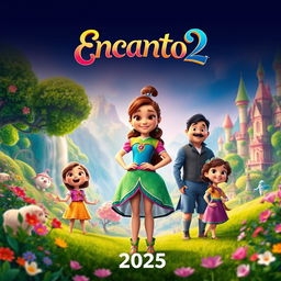 A vibrant and enchanting teaser poster for 'Encanto 2', featuring the beloved characters from the first film in a lush, magical landscape