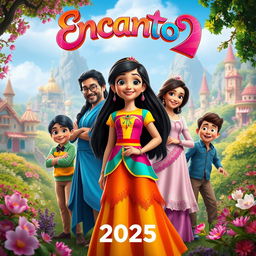 A vibrant and enchanting teaser poster for 'Encanto 2', featuring the beloved characters from the first film in a lush, magical landscape