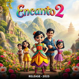 A vibrant and enchanting teaser poster for 'Encanto 2', featuring the beloved characters from the first film in a lush, magical landscape