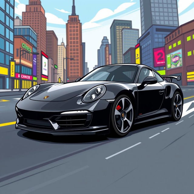 A sleek black Porsche car in a cartoon style, featuring exaggerated curves and bold lines