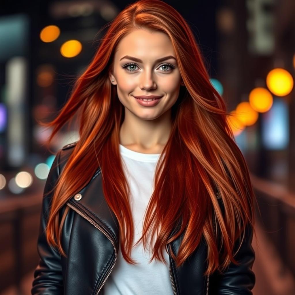 A stunning profile picture of a confident young woman with long flowing red hair and striking green eyes