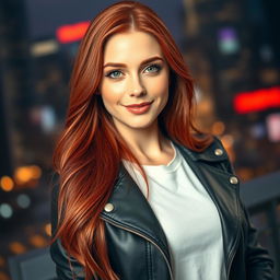 A stunning profile picture of a confident young woman with long flowing red hair and striking green eyes