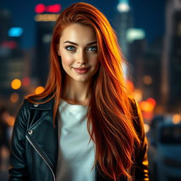 A stunning profile picture of a confident young woman with long flowing red hair and striking green eyes