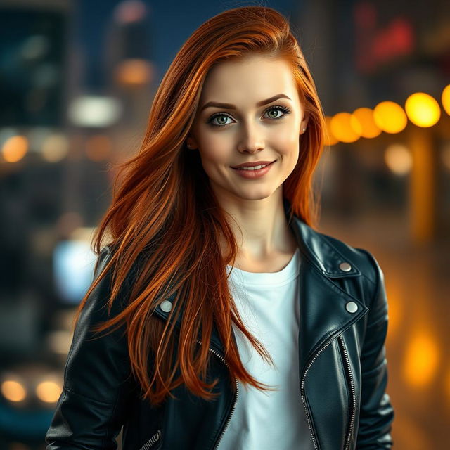 A stunning profile picture of a confident young woman with long flowing red hair and striking green eyes