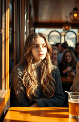 A young woman sitting alone in a crowded café, her expression contemplative and slightly sad, gazing out the window