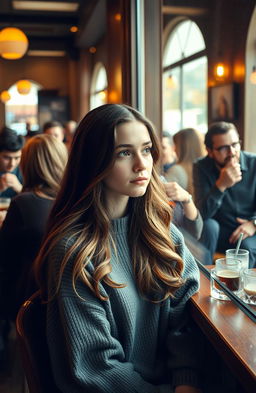 A young woman sitting alone in a crowded café, her expression contemplative and slightly sad, gazing out the window