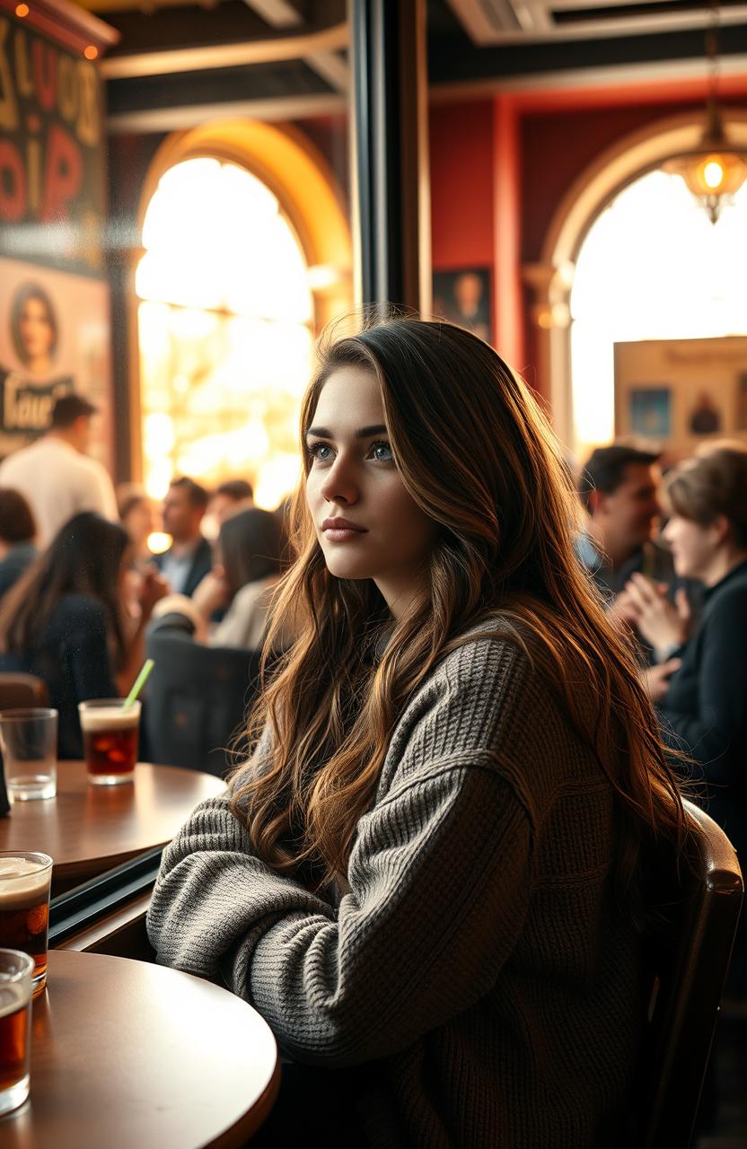 A young woman sitting alone in a crowded café, her expression contemplative and slightly sad, gazing out the window