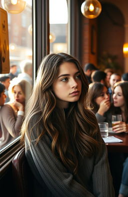 A young woman sitting alone in a crowded café, her expression contemplative and slightly sad, gazing out the window