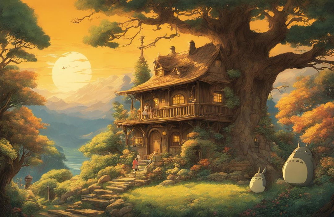 Detailed Studio Ghibli poster with whimsical tree, rustic house, characters from various films, and excellent use of lighting for a warm, golden glow