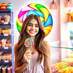 A cheerful young woman holding a colorful lollipop, with a playful and vibrant lollipop logo in the background