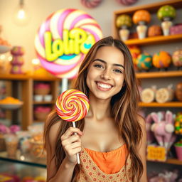 A cheerful young woman holding a colorful lollipop, with a playful and vibrant lollipop logo in the background