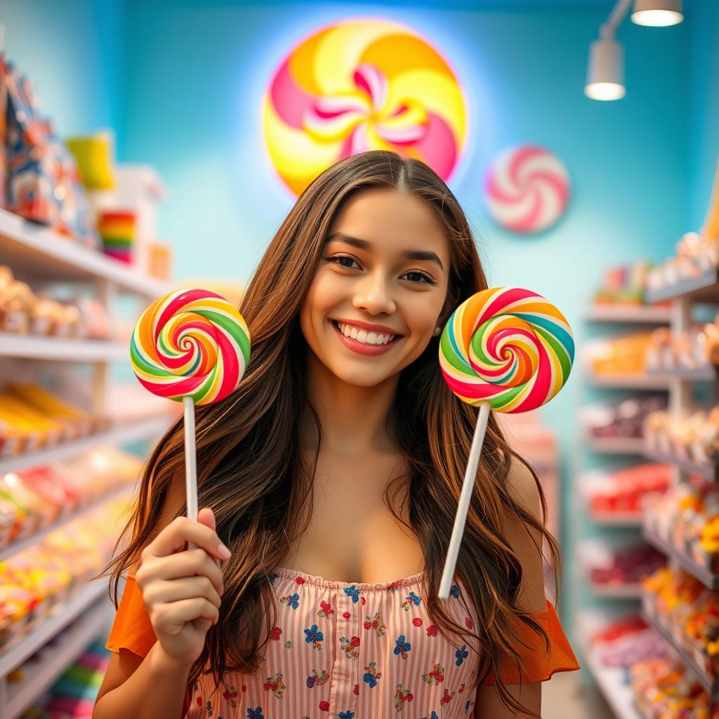 A cheerful young woman holding a colorful lollipop, with a playful and vibrant lollipop logo in the background