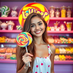 A cheerful young woman holding a colorful lollipop, with a playful and vibrant lollipop logo in the background