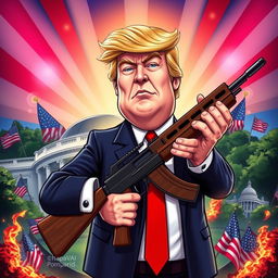 A stylized political caricature of Donald Trump confidently holding an AK-47, standing amidst a vibrant backdrop featuring iconic American symbols like the flag and the White House