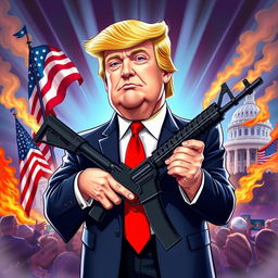 A stylized political caricature of Donald Trump confidently holding an AK-47, standing amidst a vibrant backdrop featuring iconic American symbols like the flag and the White House