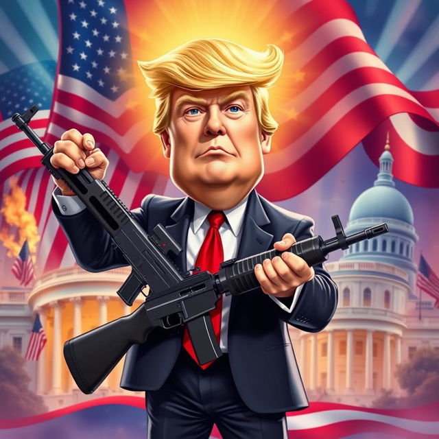 A stylized political caricature of Donald Trump confidently holding an AK-47, standing amidst a vibrant backdrop featuring iconic American symbols like the flag and the White House