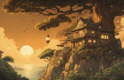 Detailed Studio Ghibli poster with whimsical tree, rustic house, characters from various films, and excellent use of lighting for a warm, golden glow