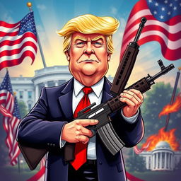 A stylized political caricature of Donald Trump confidently holding an AK-47, standing amidst a vibrant backdrop featuring iconic American symbols like the flag and the White House