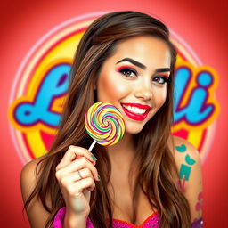 A captivating and attractive young woman, posing playfully with a colorful lollipop, wearing a vibrant outfit that enhances her allure