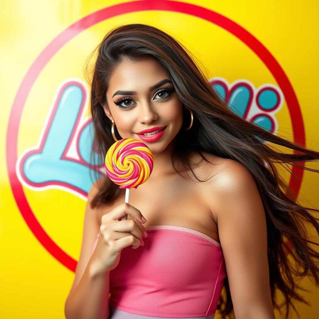 A captivating and attractive young woman, posing playfully with a colorful lollipop, wearing a vibrant outfit that enhances her allure