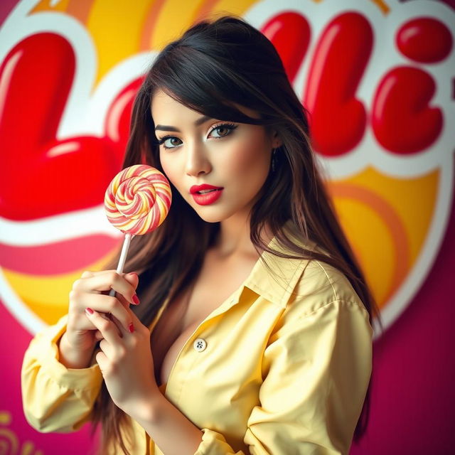 A captivating and attractive young woman, posing playfully with a colorful lollipop, wearing a vibrant outfit that enhances her allure