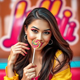 A captivating and attractive young woman, posing playfully with a colorful lollipop, wearing a vibrant outfit that enhances her allure
