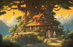 Detailed Studio Ghibli poster with whimsical tree, rustic house, characters from various films, and excellent use of lighting for a warm, golden glow